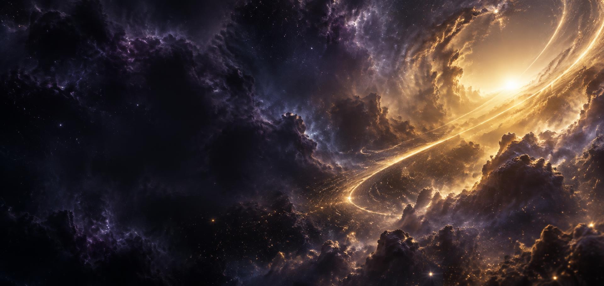 Gold light sweeping through a deep-space anniversary scene